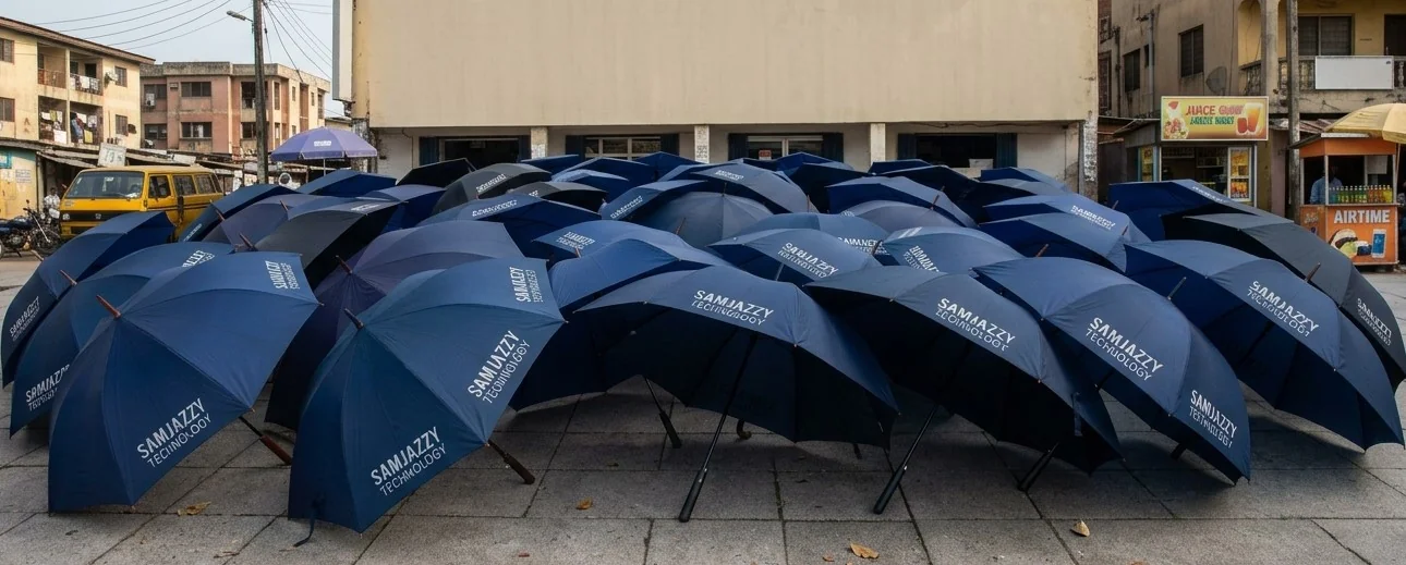 Large heavy-duty black umbrella product shot for corporate gifting